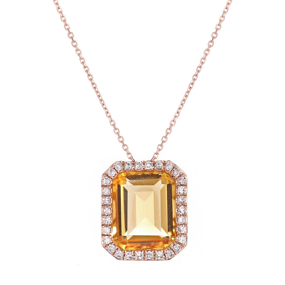 SPARKLD 9ct Rose Gold Octagon Citrine and 0.15ct Diamond Pendant Necklace