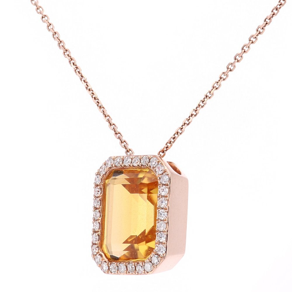 SPARKLD 9ct Rose Gold Octagon Citrine and 0.15ct Diamond Pendant Necklace