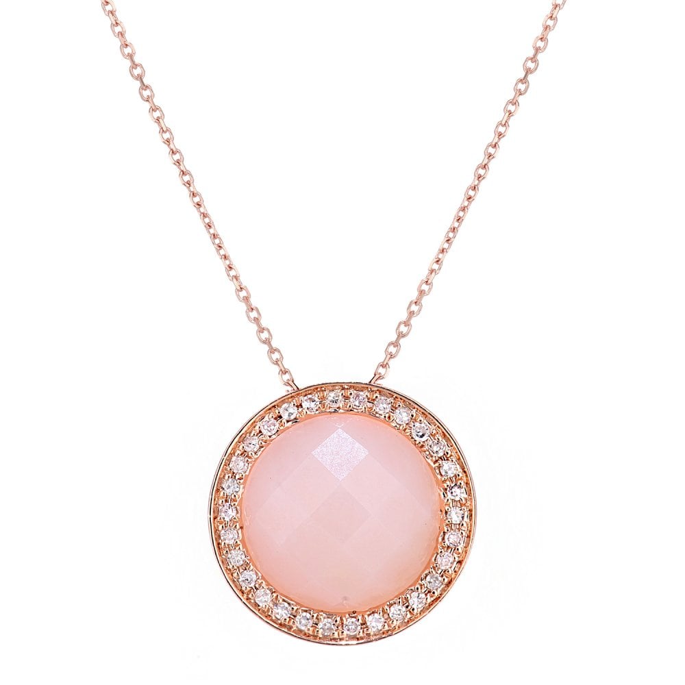 SPARKLD 9ct Rose Gold Pink Opal and 0.10ct Diamond Cluster Pendant Necklace