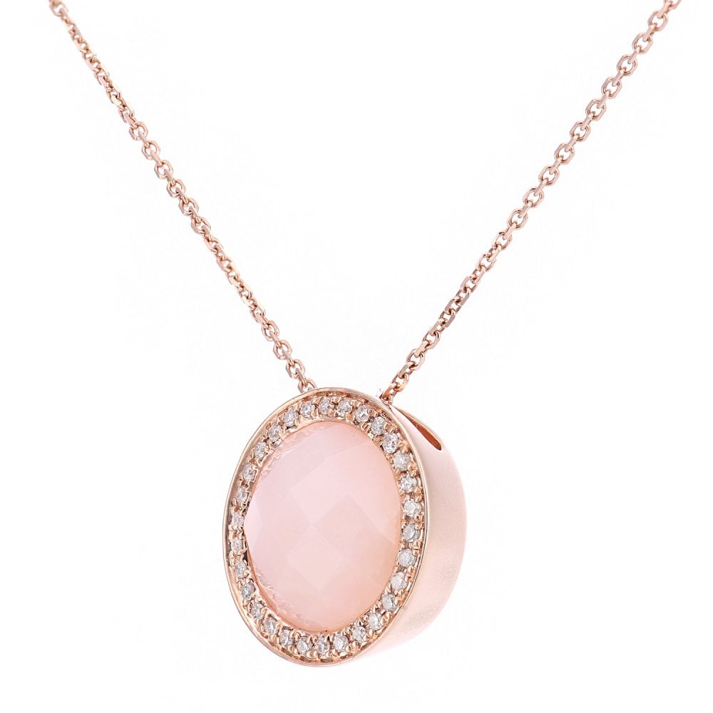 SPARKLD 9ct Rose Gold Pink Opal and 0.10ct Diamond Cluster Pendant Necklace