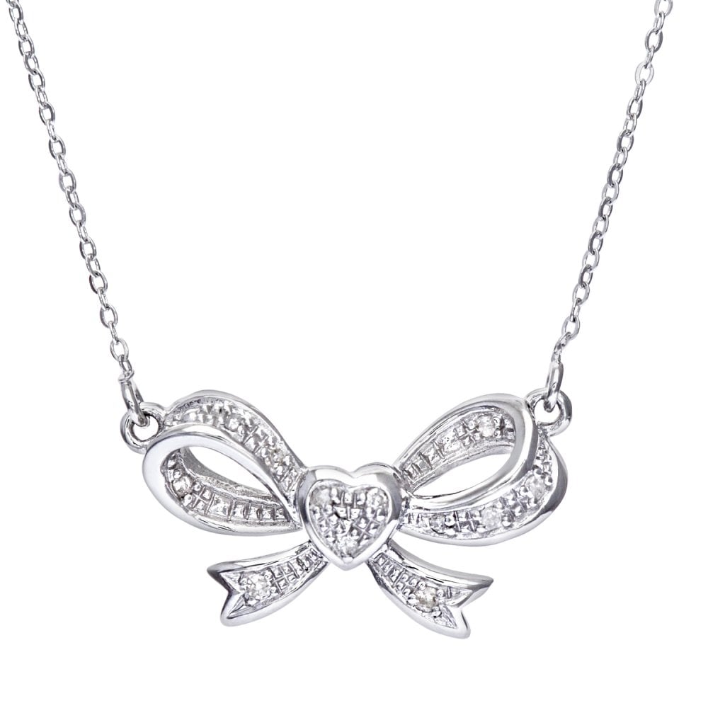 SPARKLD 9ct White Gold 0.05ct Diamond Bow Necklace