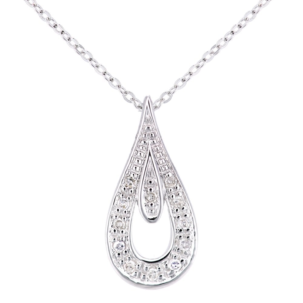 SPARKLD 9ct White Gold 0.05ct Diamond Teardrop Pendant Necklace