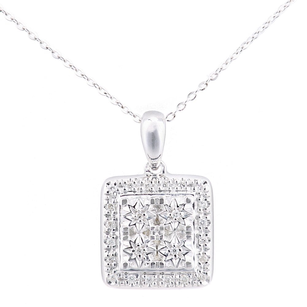 SPARKLD 9ct White Gold 0.07ct Diamond Halo Pendant Necklace