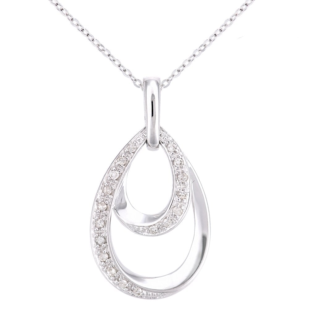 SPARKLD 9ct White Gold 0.07ct Diamond Teardrop Pendant Necklace