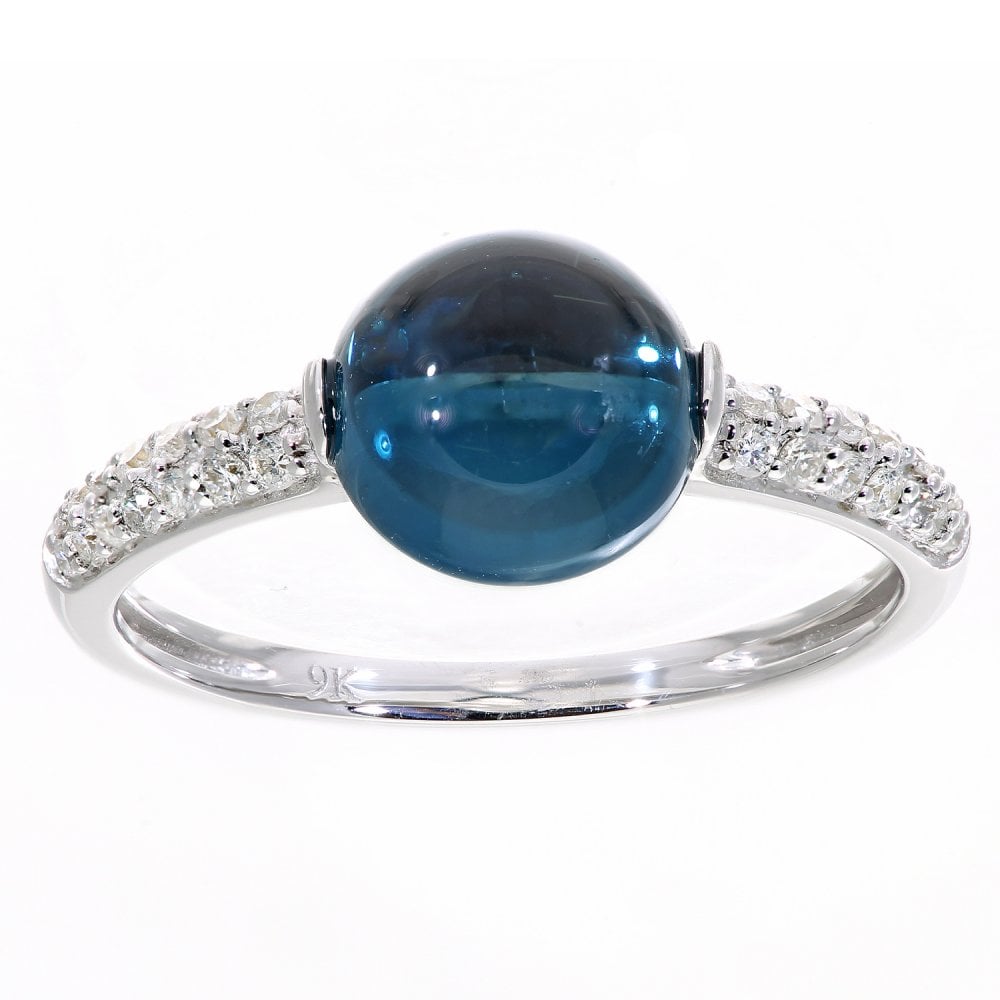 SPARKLD 9ct White Gold Blue Topaz and 0.17ct Diamond Shoulder Engagement Ring