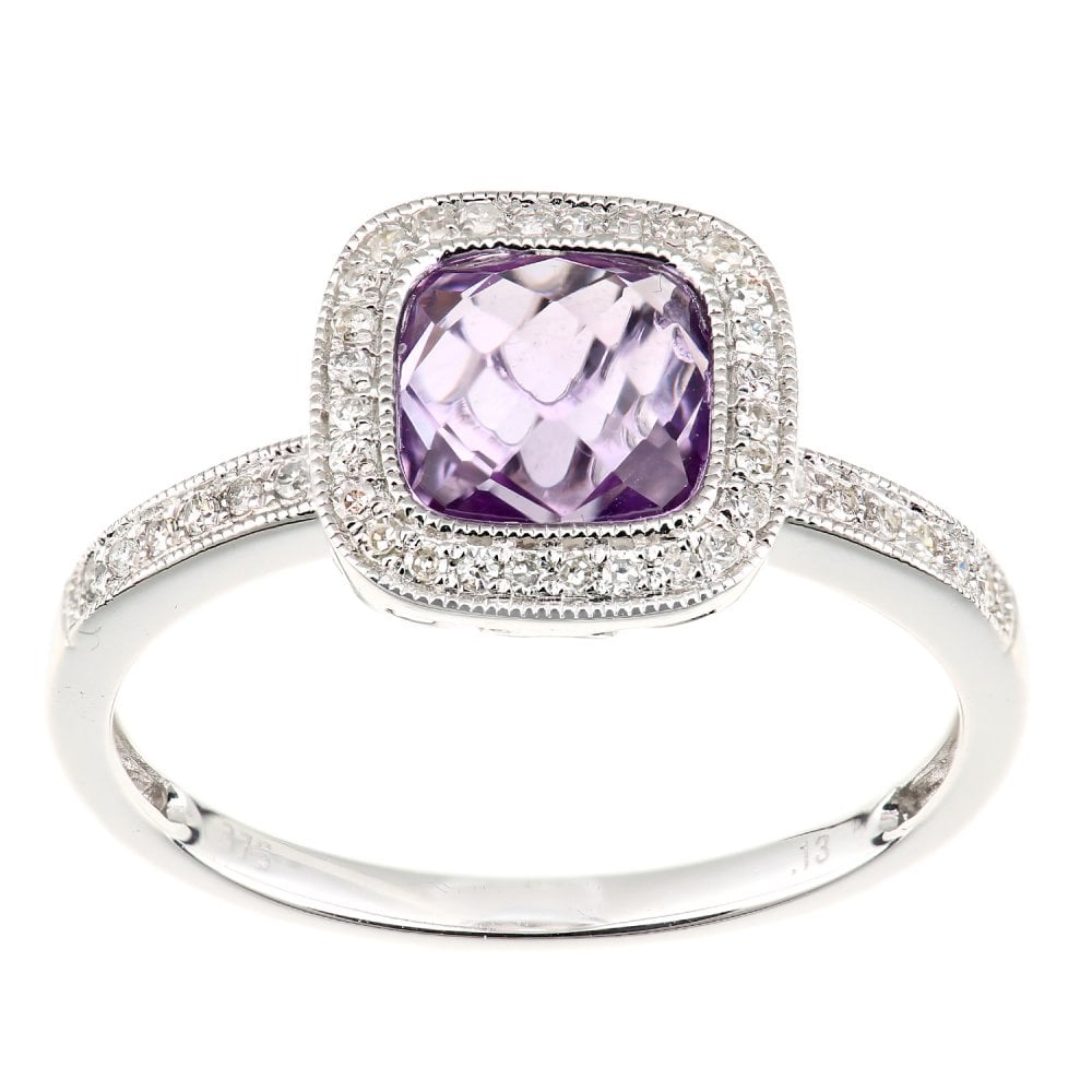 SPARKLD 9ct White Gold Cushion Amethyst and 0.13ct Diamond Halo Ring