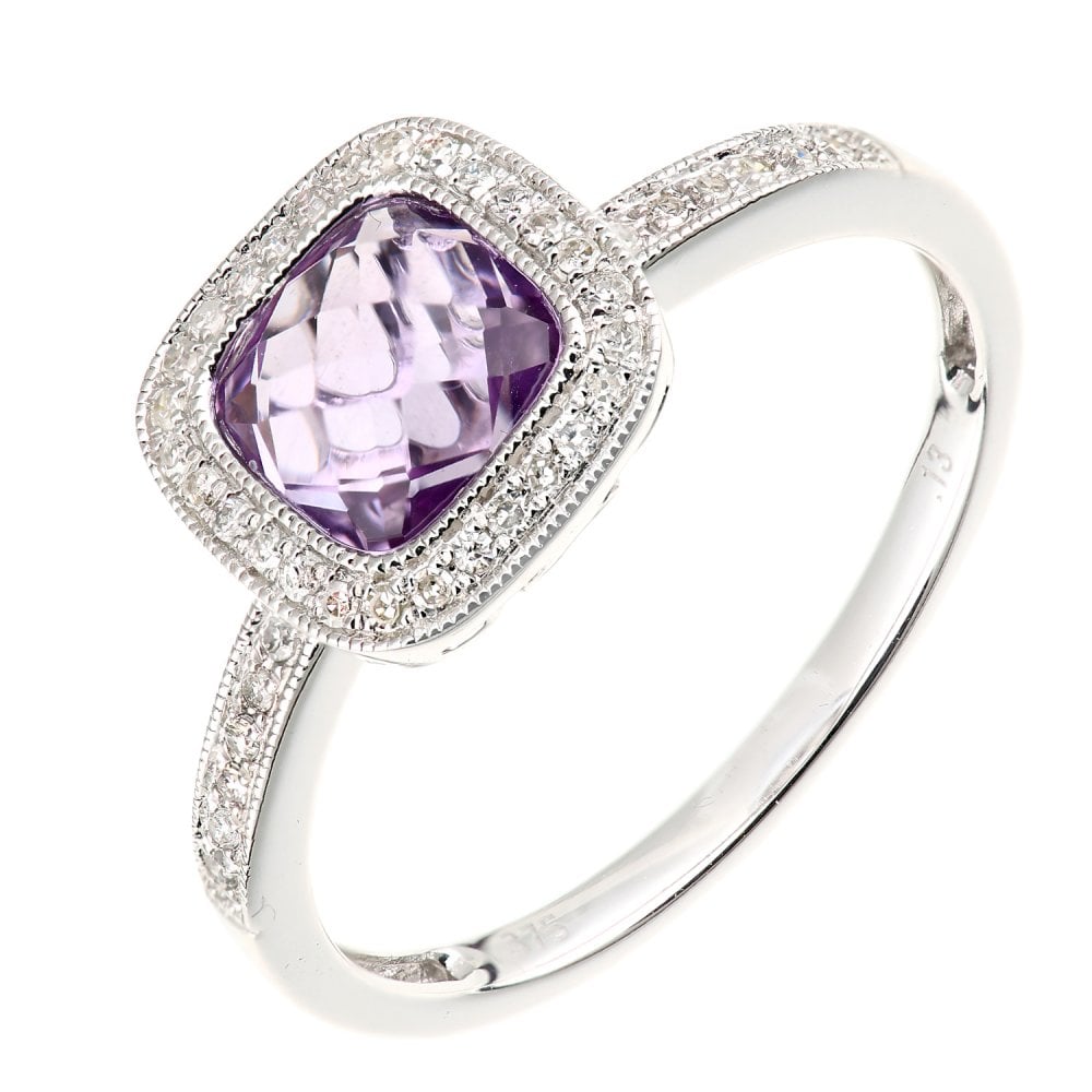 SPARKLD 9ct White Gold Cushion Amethyst and 0.13ct Diamond Halo Ring