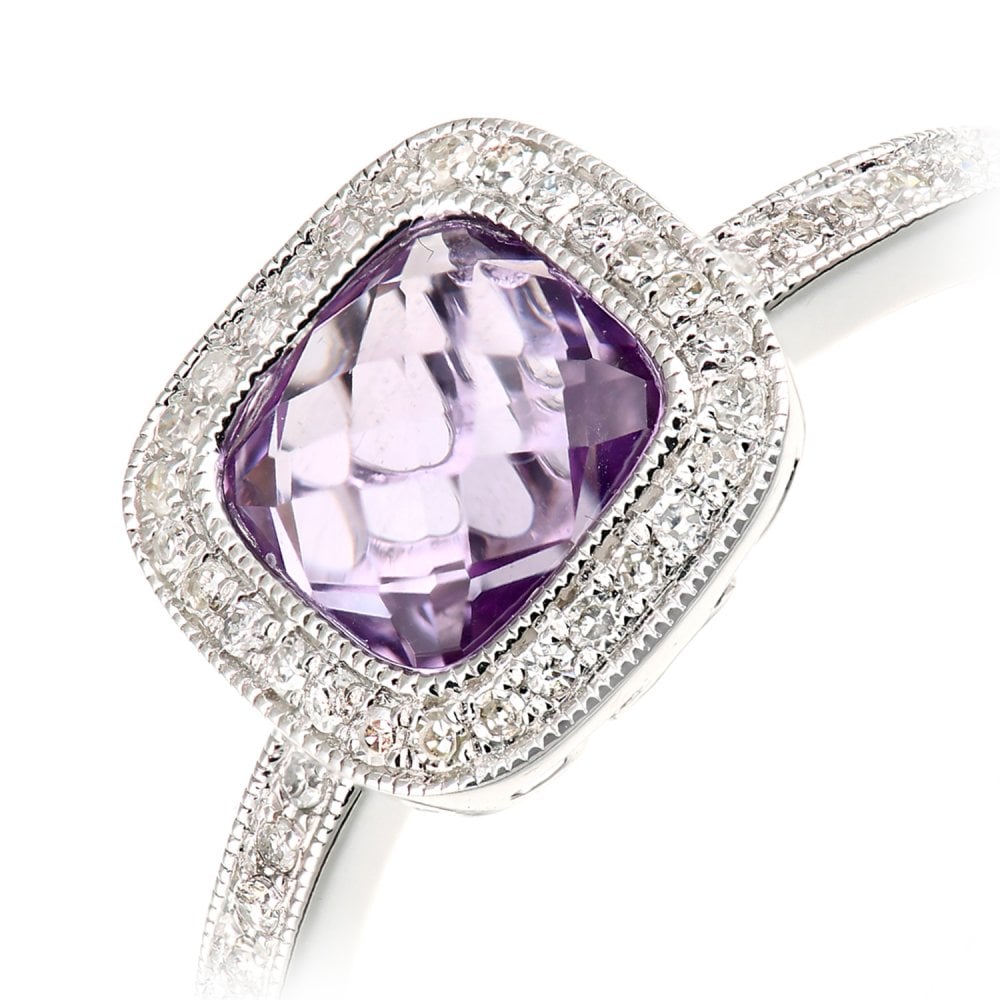 SPARKLD 9ct White Gold Cushion Amethyst and 0.13ct Diamond Halo Ring