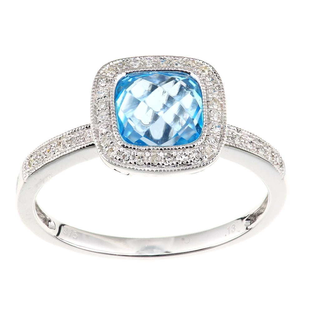 SPARKLD 9ct White Gold Cushion Blue Topaz and 0.13ct Diamond Halo Ring