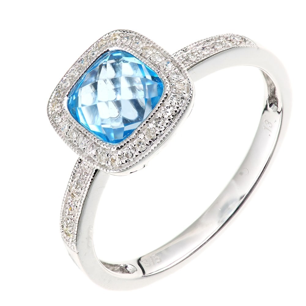 SPARKLD 9ct White Gold Cushion Blue Topaz and 0.13ct Diamond Halo Ring