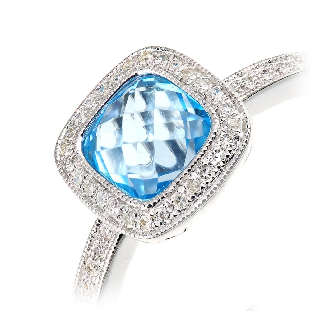 SPARKLD 9ct White Gold Cushion Blue Topaz and 0.13ct Diamond Halo Ring