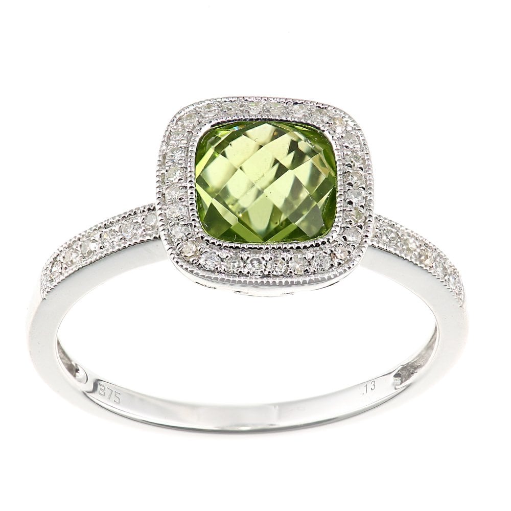 SPARKLD 9ct White Gold Cushion Peridot and 0.13ct Diamond Halo Ring