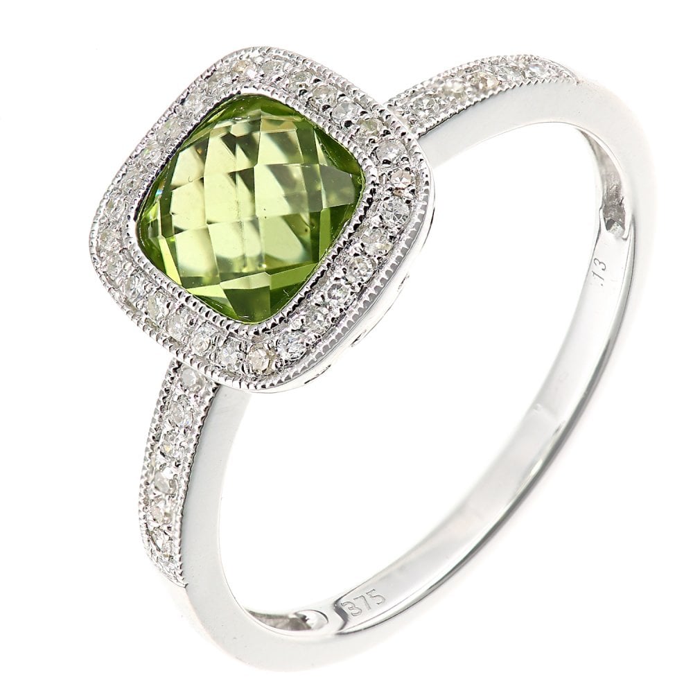 SPARKLD 9ct White Gold Cushion Peridot and 0.13ct Diamond Halo Ring
