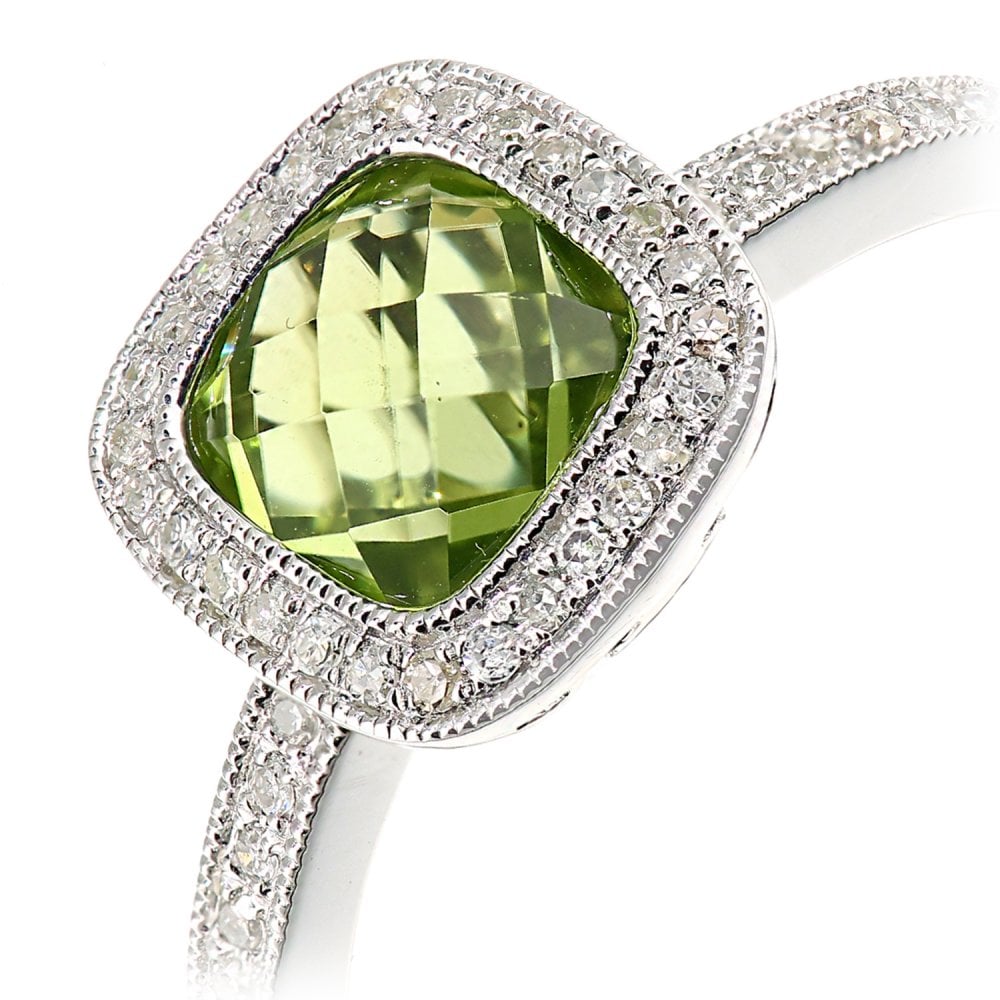 SPARKLD 9ct White Gold Cushion Peridot and 0.13ct Diamond Halo Ring
