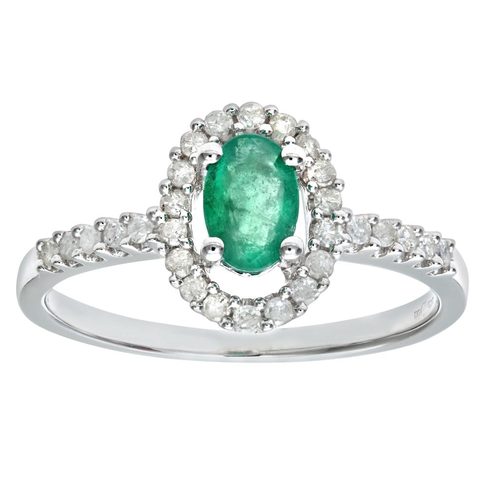 SPARKLD 9ct White Gold Emerald & 0.25ct Diamond Cluster Ring