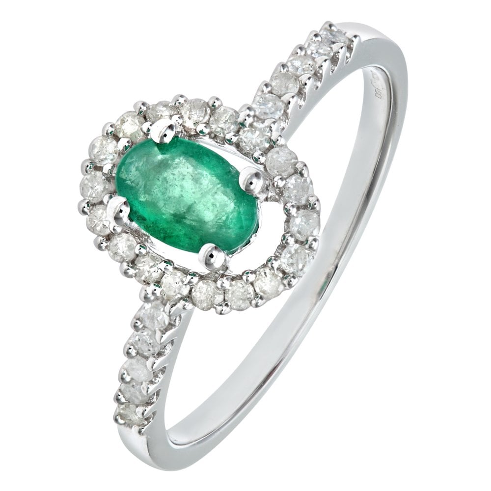 SPARKLD 9ct White Gold Emerald & 0.25ct Diamond Cluster Ring