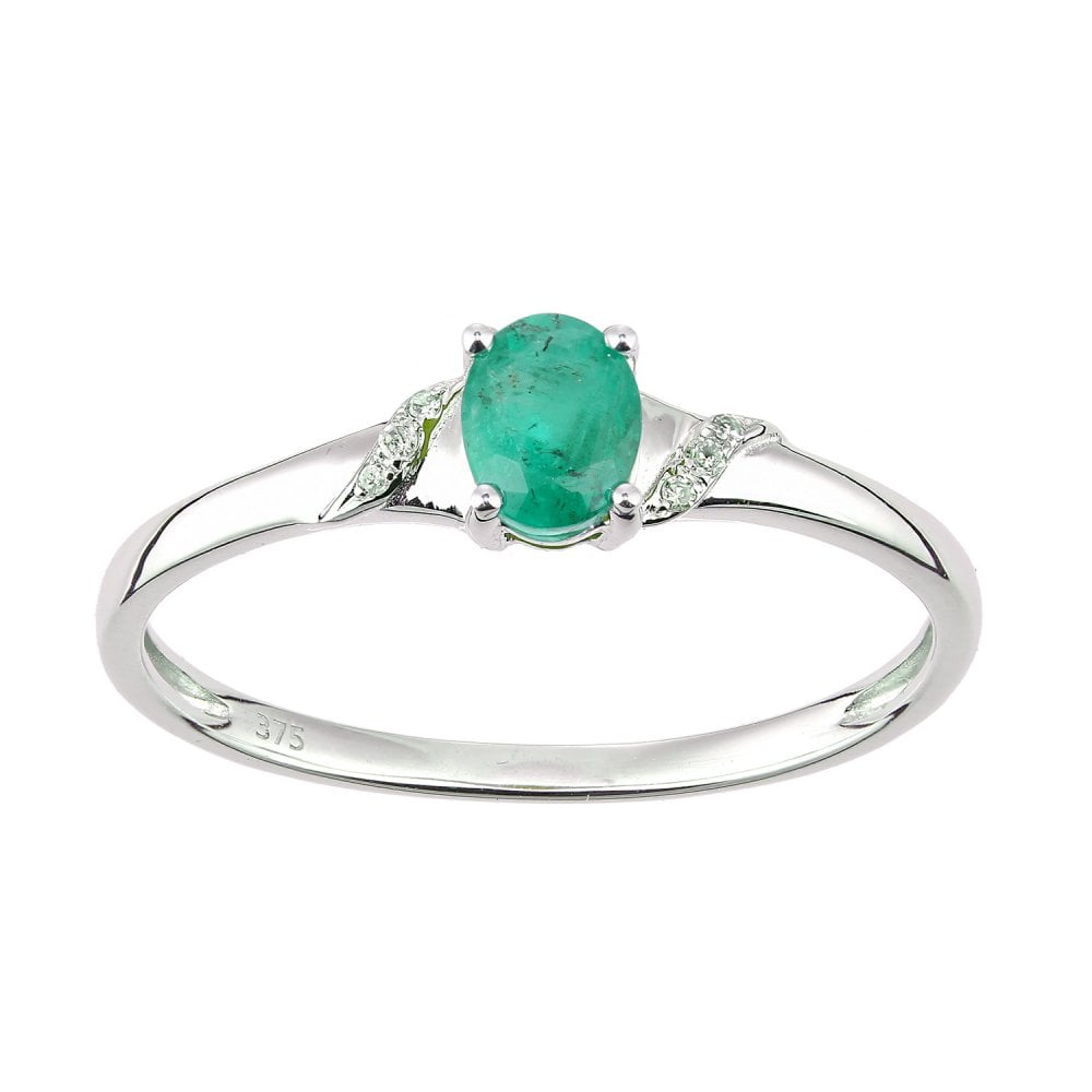 SPARKLD 9ct White Gold Oval Emerald and 0.02ct Diamond Shoulders Engagement Ring