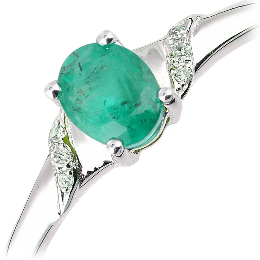 SPARKLD 9ct White Gold Oval Emerald and 0.02ct Diamond Shoulders Engagement Ring