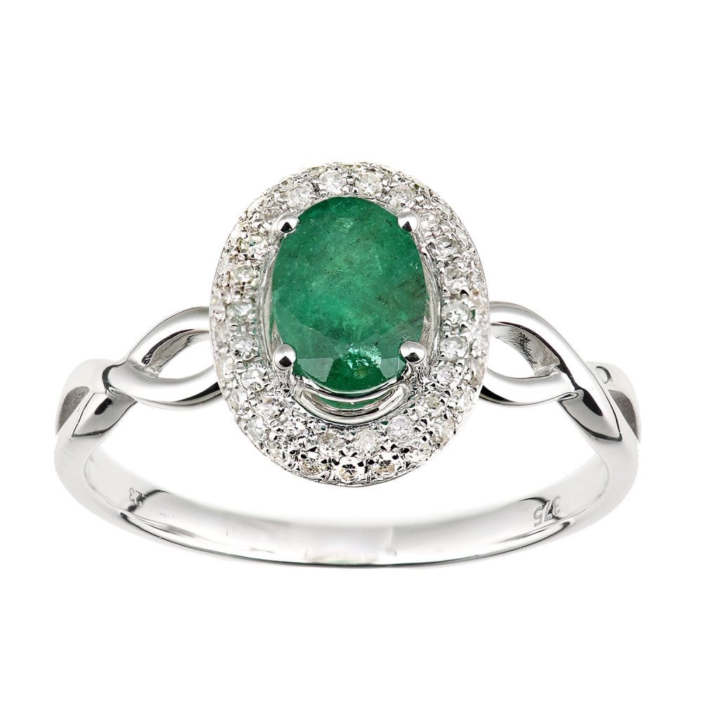 SPARKLD 9ct White Gold Oval Emerald and 0.20ct Diamond Cluster Ring