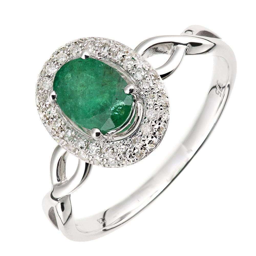 SPARKLD 9ct White Gold Oval Emerald and 0.20ct Diamond Cluster Ring