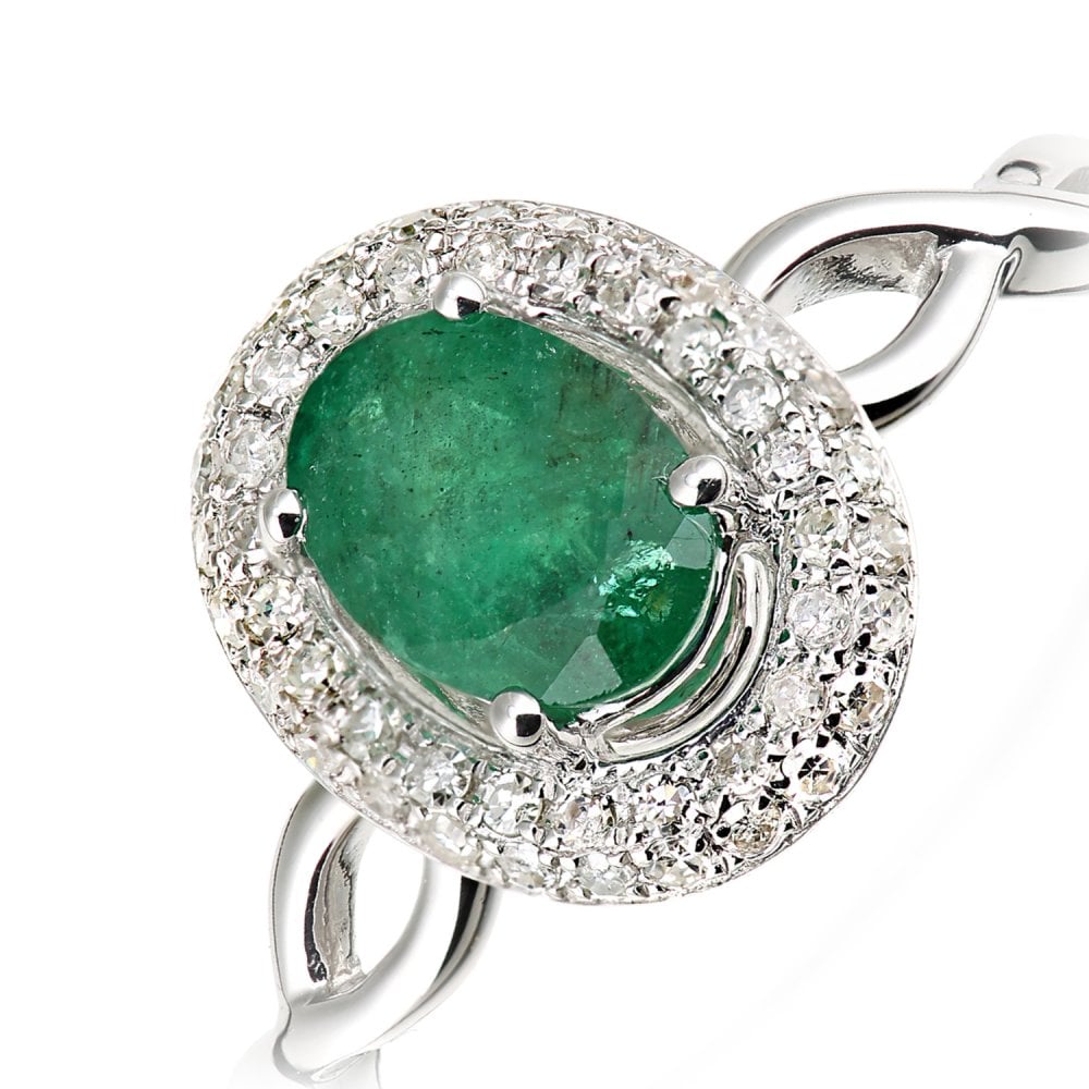 SPARKLD 9ct White Gold Oval Emerald and 0.20ct Diamond Cluster Ring