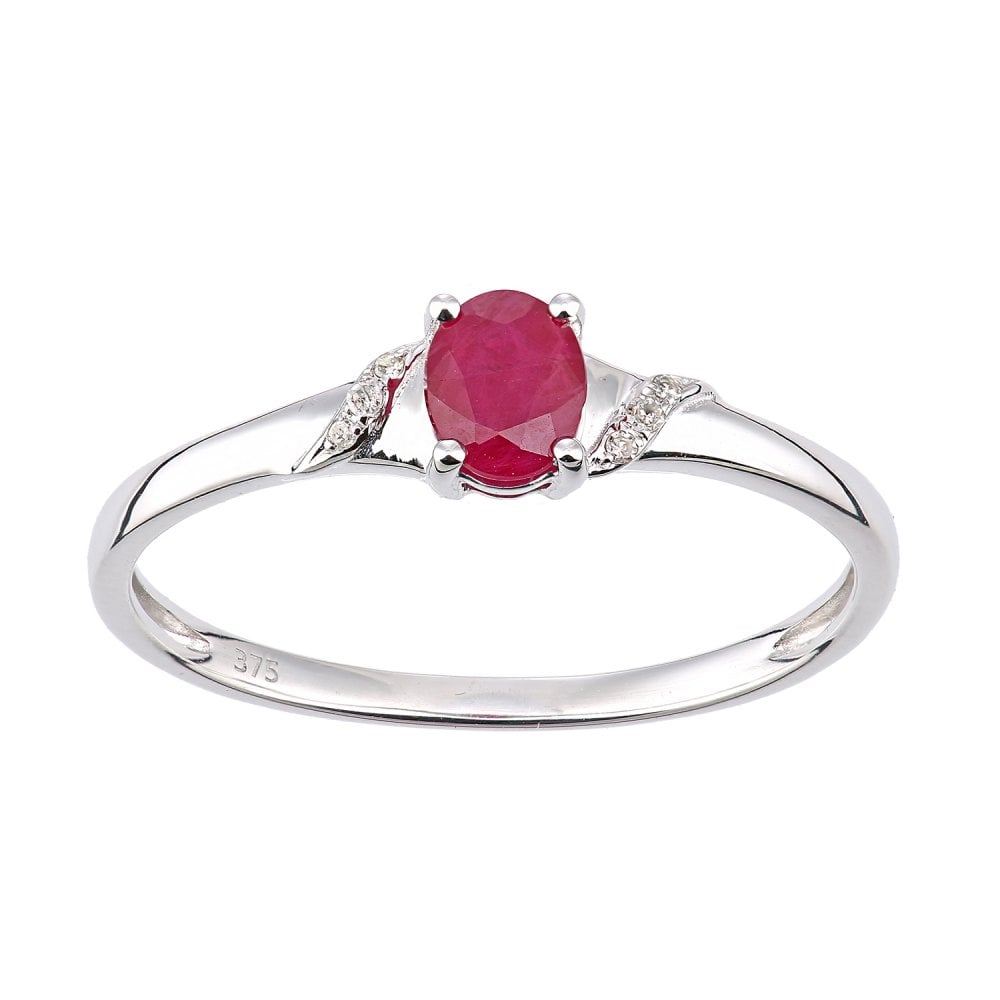 SPARKLD 9ct White Gold Oval Ruby and 0.02ct Diamond Shoulders Engagement Ring