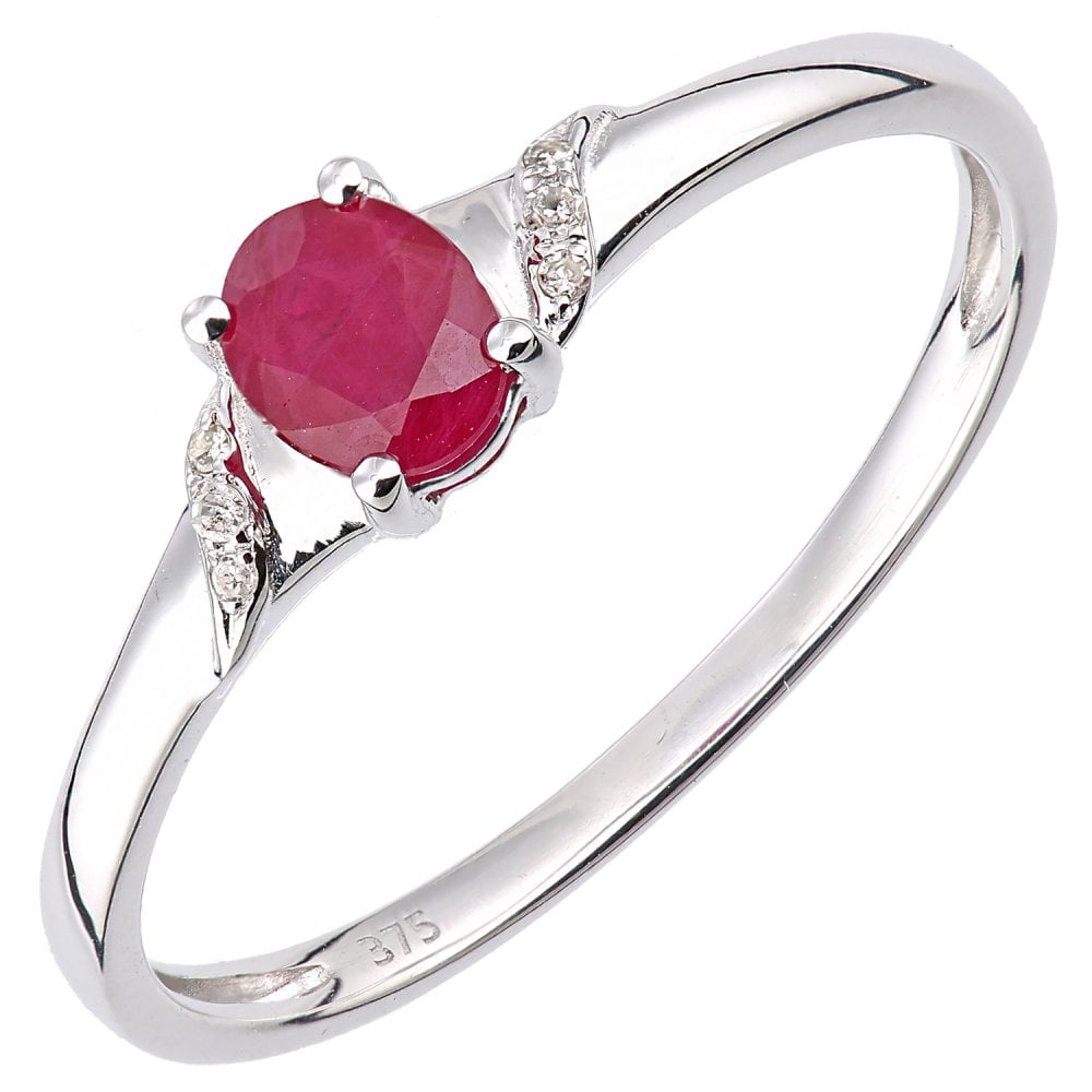 SPARKLD 9ct White Gold Oval Ruby and 0.02ct Diamond Shoulders Engagement Ring