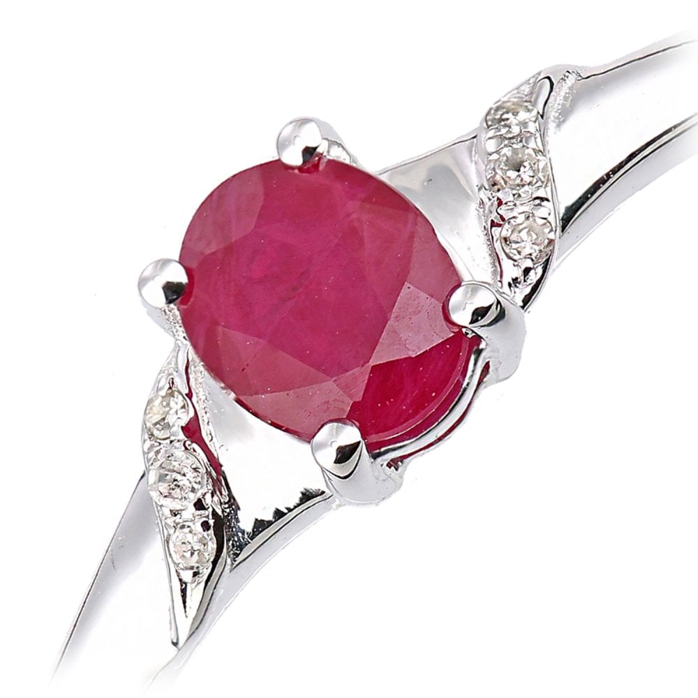 SPARKLD 9ct White Gold Oval Ruby and 0.02ct Diamond Shoulders Engagement Ring