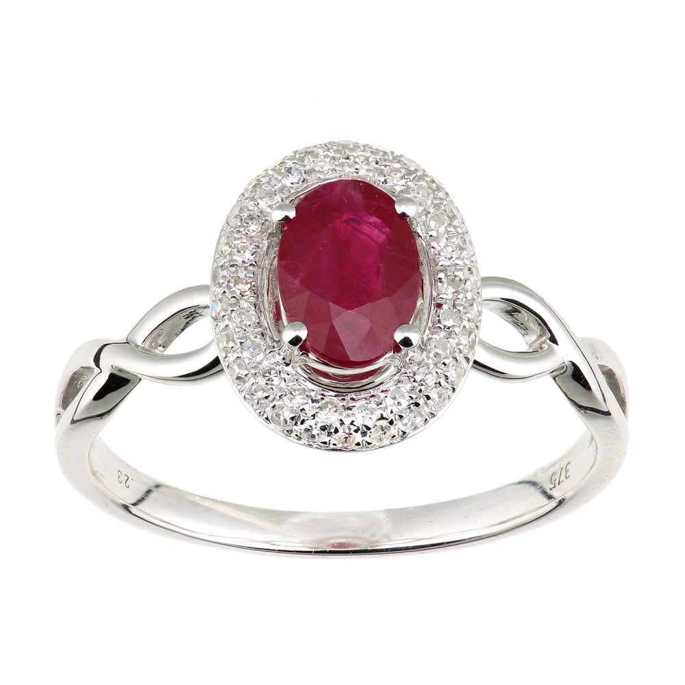 SPARKLD 9ct White Gold Oval Ruby and 0.20ct Diamond Cluster Ring