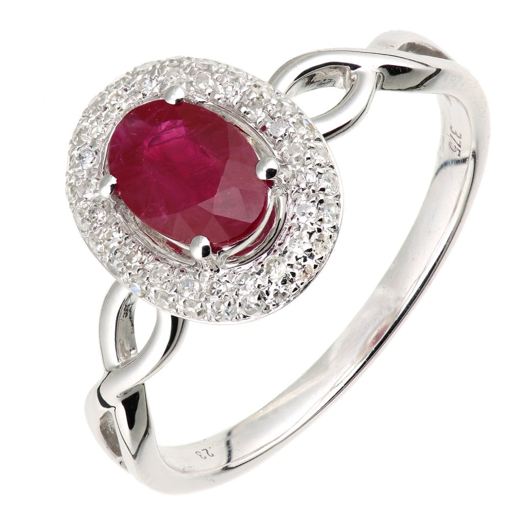 SPARKLD 9ct White Gold Oval Ruby and 0.20ct Diamond Cluster Ring