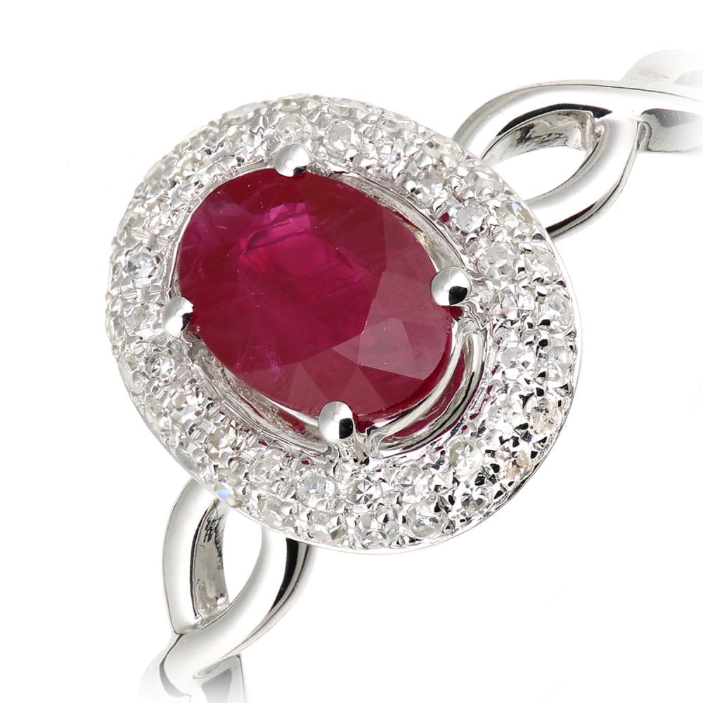 SPARKLD 9ct White Gold Oval Ruby and 0.20ct Diamond Cluster Ring