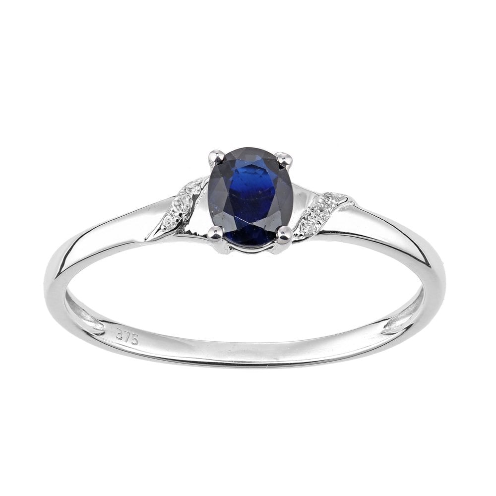 SPARKLD 9ct White Gold Oval Sapphire and 0.02ct Diamond Shoulders Engagement Ring