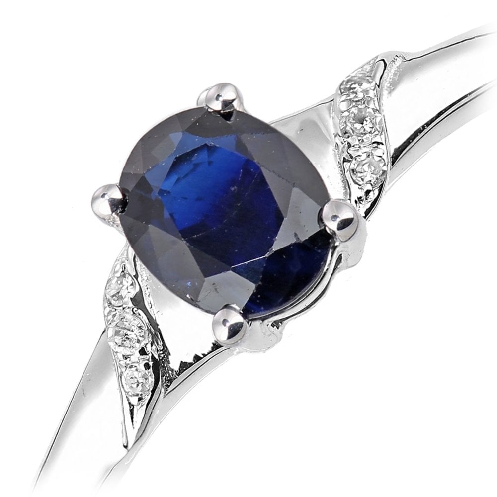 SPARKLD 9ct White Gold Oval Sapphire and 0.02ct Diamond Shoulders Engagement Ring