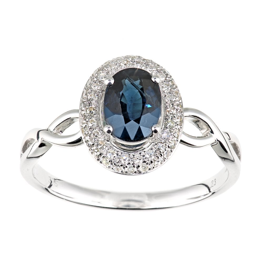 SPARKLD 9ct White Gold Oval Sapphire and 0.20ct Diamond Cluster Ring