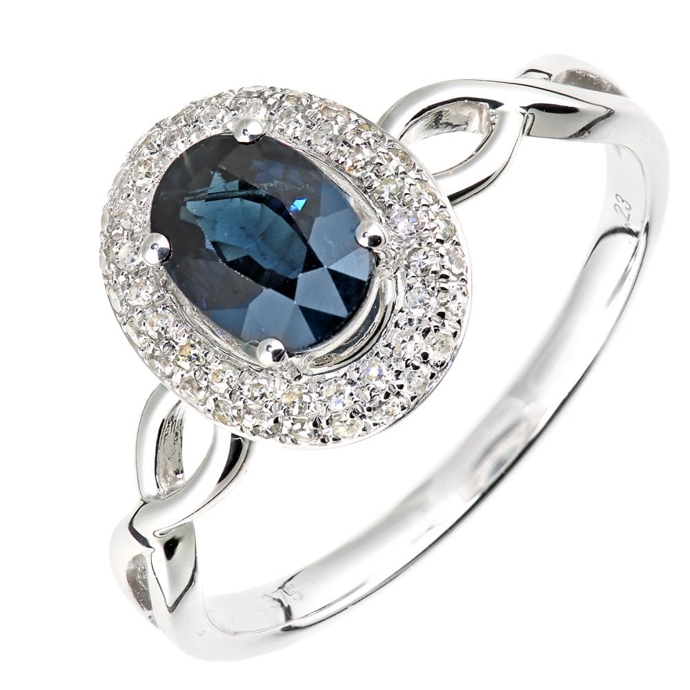 SPARKLD 9ct White Gold Oval Sapphire and 0.20ct Diamond Cluster Ring