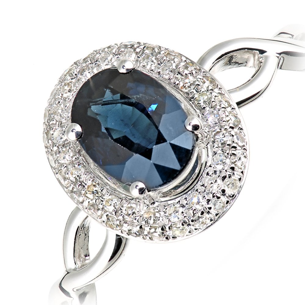 SPARKLD 9ct White Gold Oval Sapphire and 0.20ct Diamond Cluster Ring