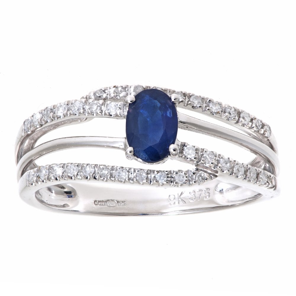 SPARKLD 9ct White Gold Oval Sapphire and 0.20ct Diamond Dress Ring