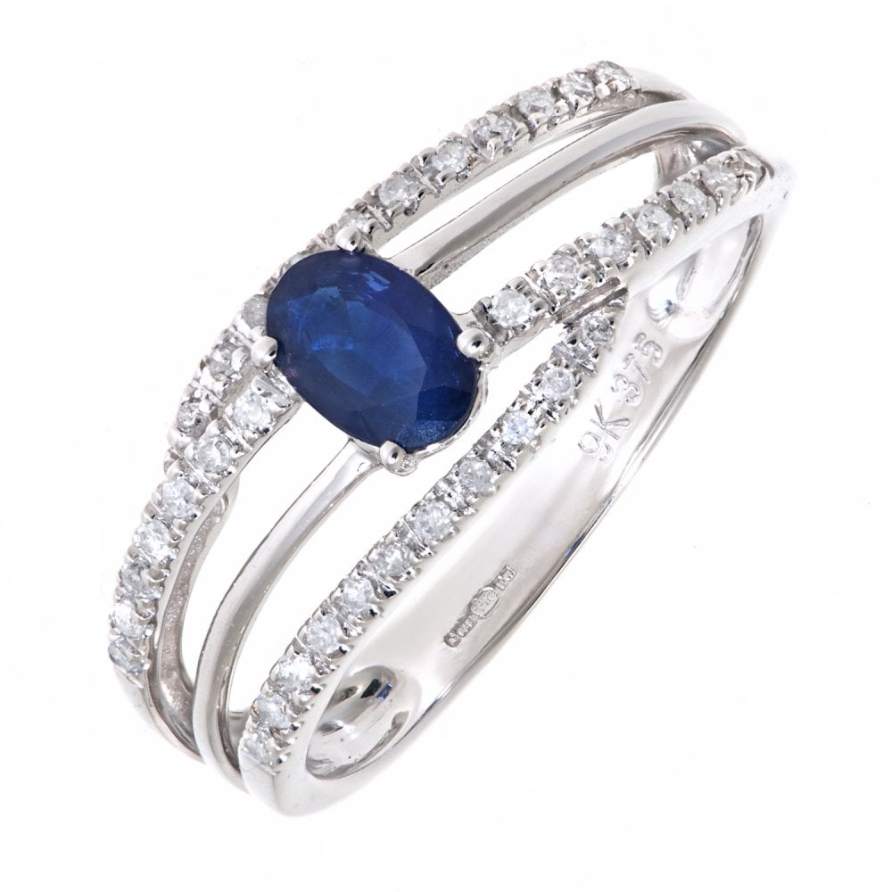 SPARKLD 9ct White Gold Oval Sapphire and 0.20ct Diamond Dress Ring