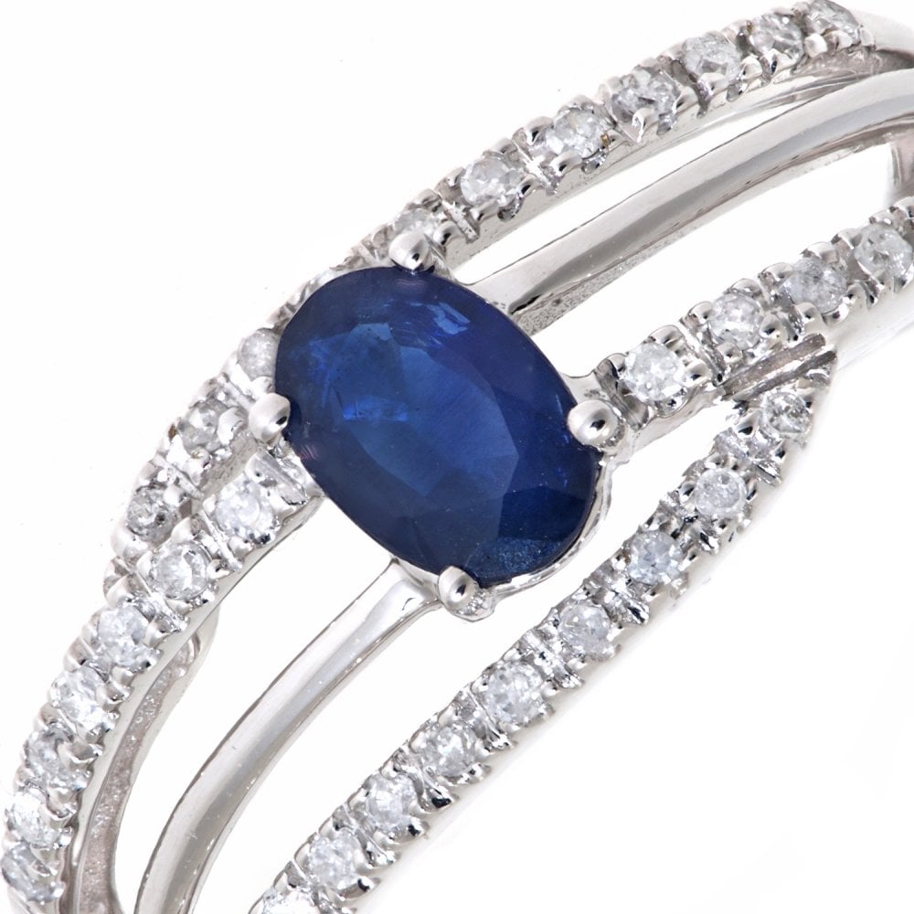 SPARKLD 9ct White Gold Oval Sapphire and 0.20ct Diamond Dress Ring