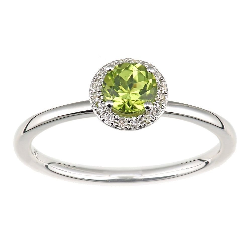 SPARKLD 9ct White Gold Peridot and 0.05ct Diamond Cluster Halo Ring