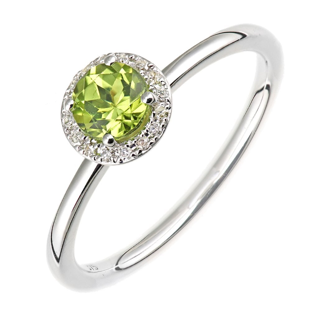 SPARKLD 9ct White Gold Peridot and 0.05ct Diamond Cluster Halo Ring