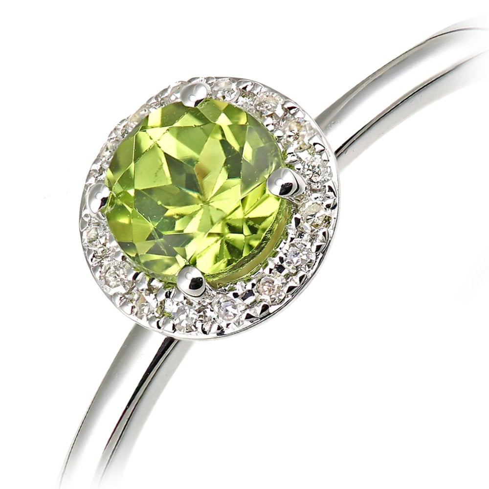 SPARKLD 9ct White Gold Peridot and 0.05ct Diamond Cluster Halo Ring
