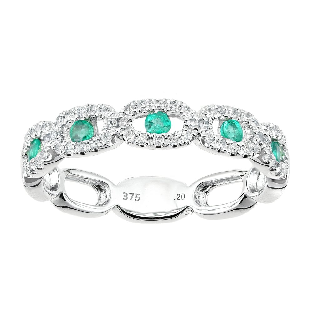 SPARKLD 9ct White Gold Round Emerald and 0.20ct Diamond Eternity Ring