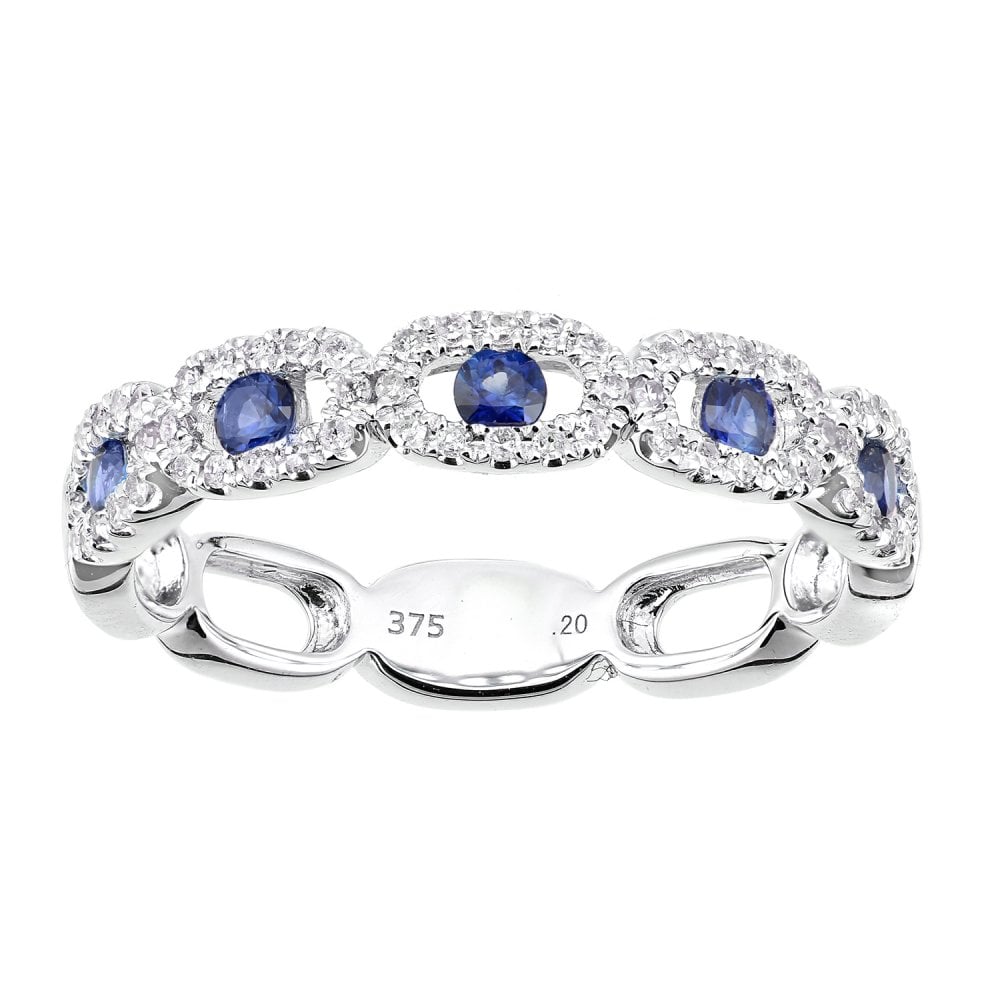 SPARKLD 9ct White Gold Round Sapphire and 0.20ct Diamond Eternity Ring