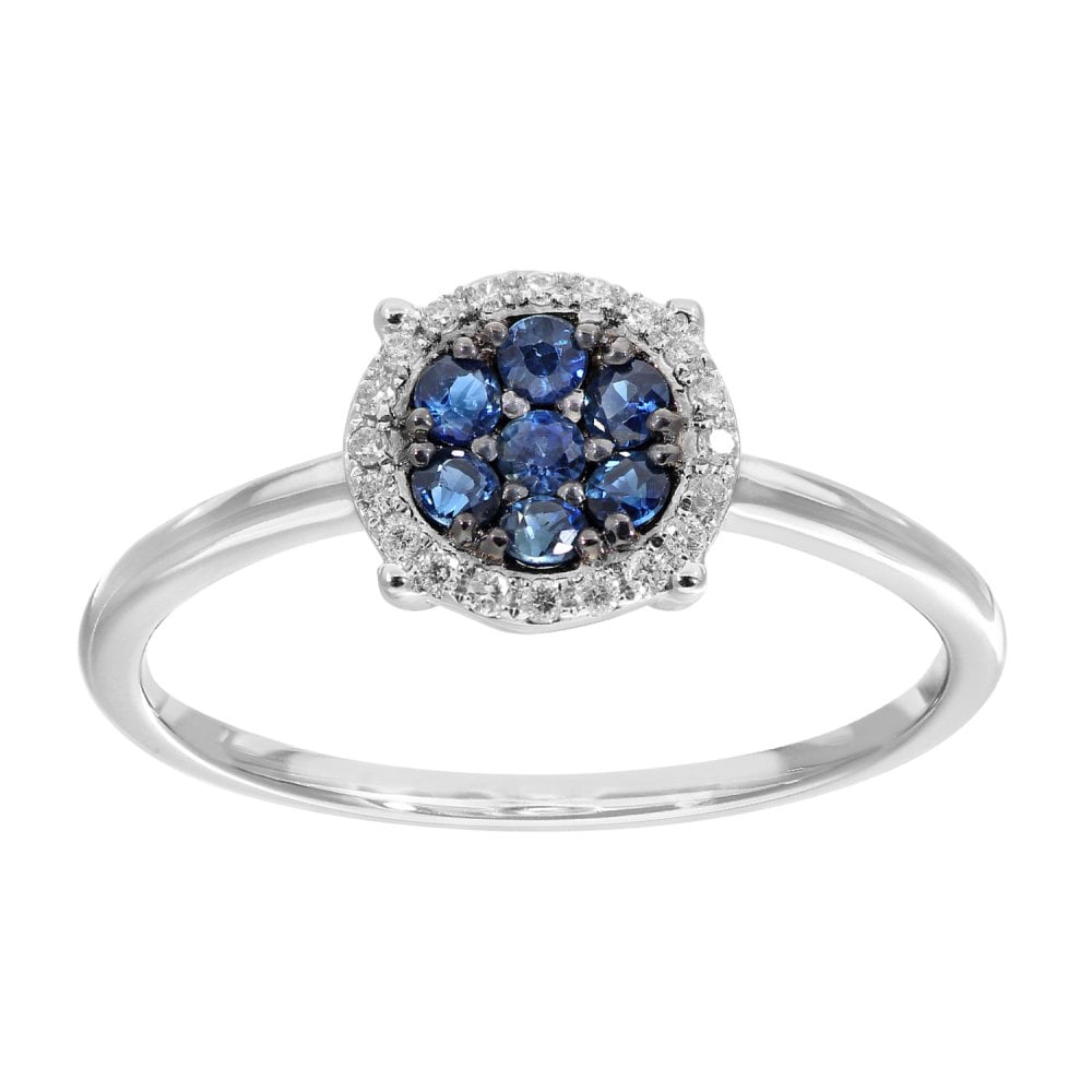 SPARKLD 9ct White Gold Sapphire and 0.07ct Diamond Halo Dress Ring