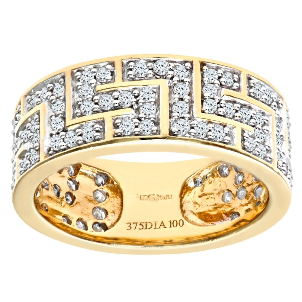 SPARKLD 9ct Yellow Gold Men's 1.00ct Diamond Greek Key Ring