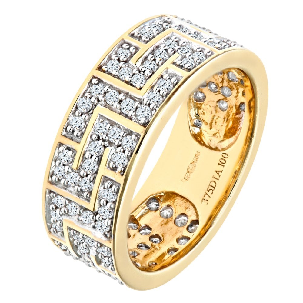 SPARKLD 9ct Yellow Gold Men's 1.00ct Diamond Greek Key Ring