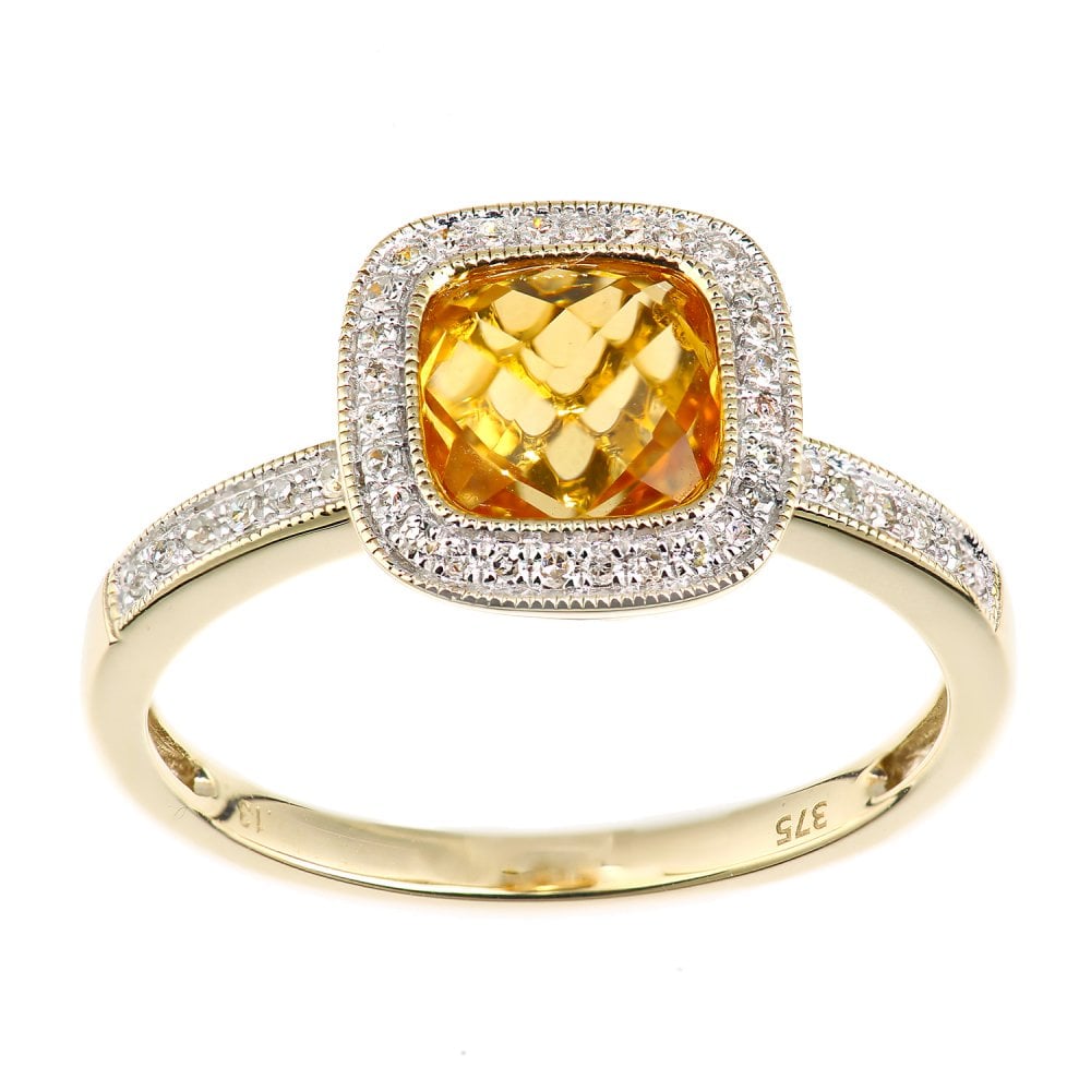 SPARKLD 9ct Yellow Gold Cushion Citrine and 0.13ct Diamond Halo Ring