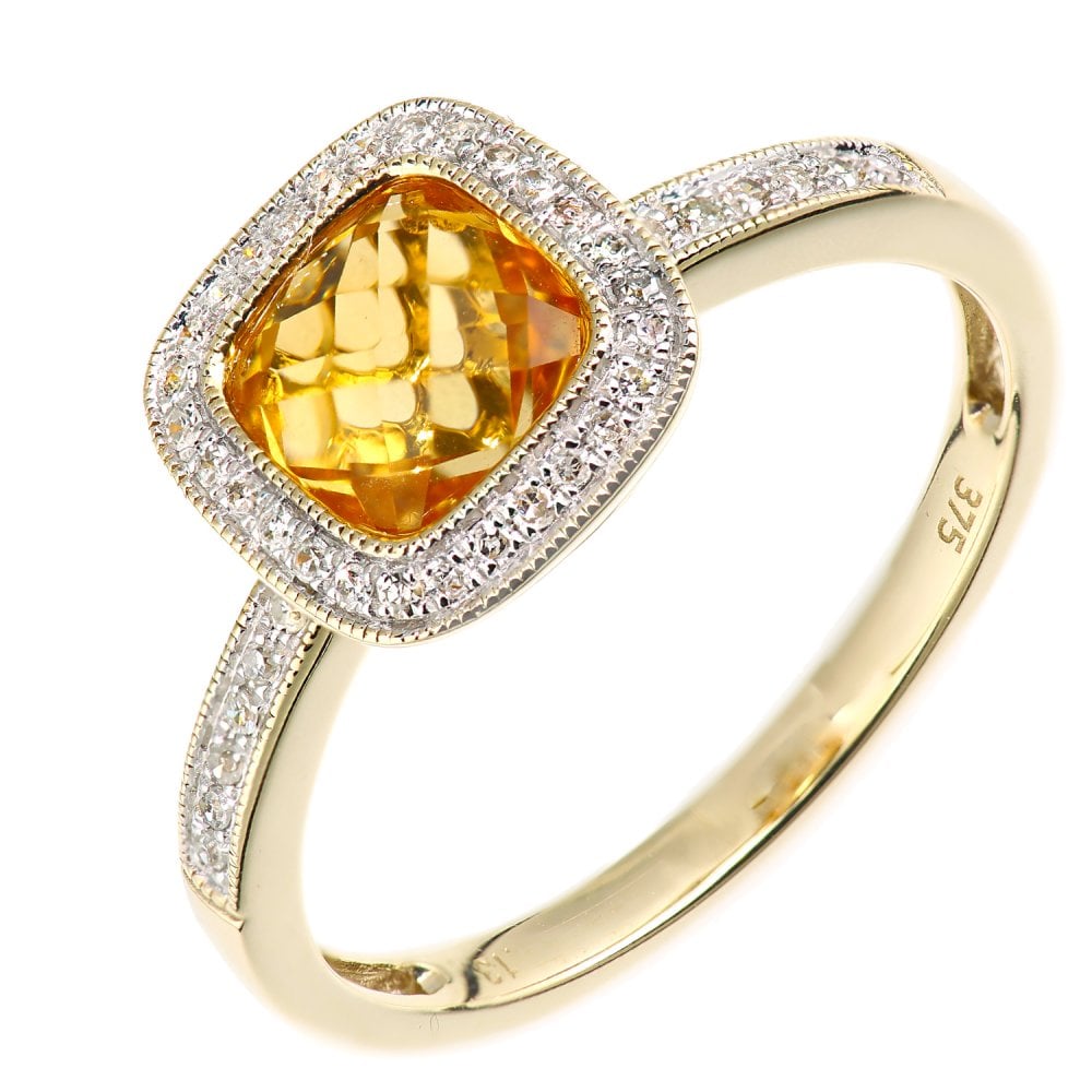 SPARKLD 9ct Yellow Gold Cushion Citrine and 0.13ct Diamond Halo Ring