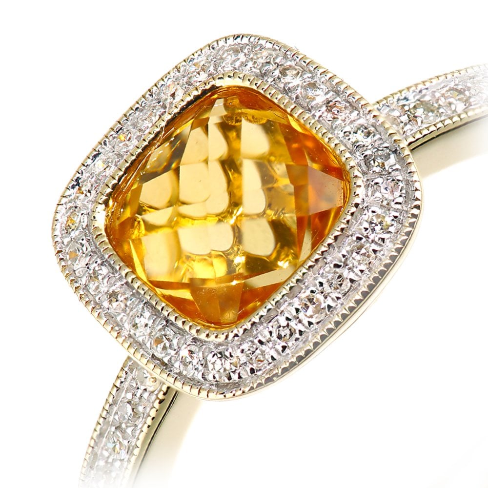 SPARKLD 9ct Yellow Gold Cushion Citrine and 0.13ct Diamond Halo Ring
